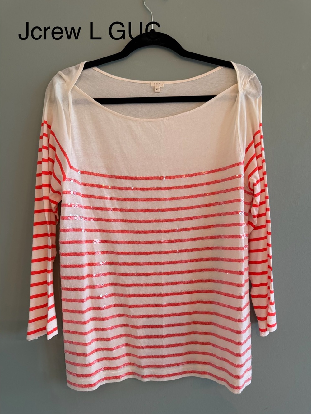 J. Crew White & Coral Stripe Sequin Boatneck Top